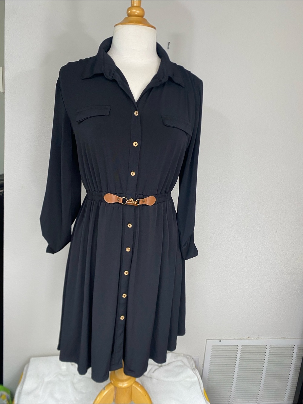 Ryan Michelle Womens Black Jersey Button Down Mini Dress Size Medium Classic